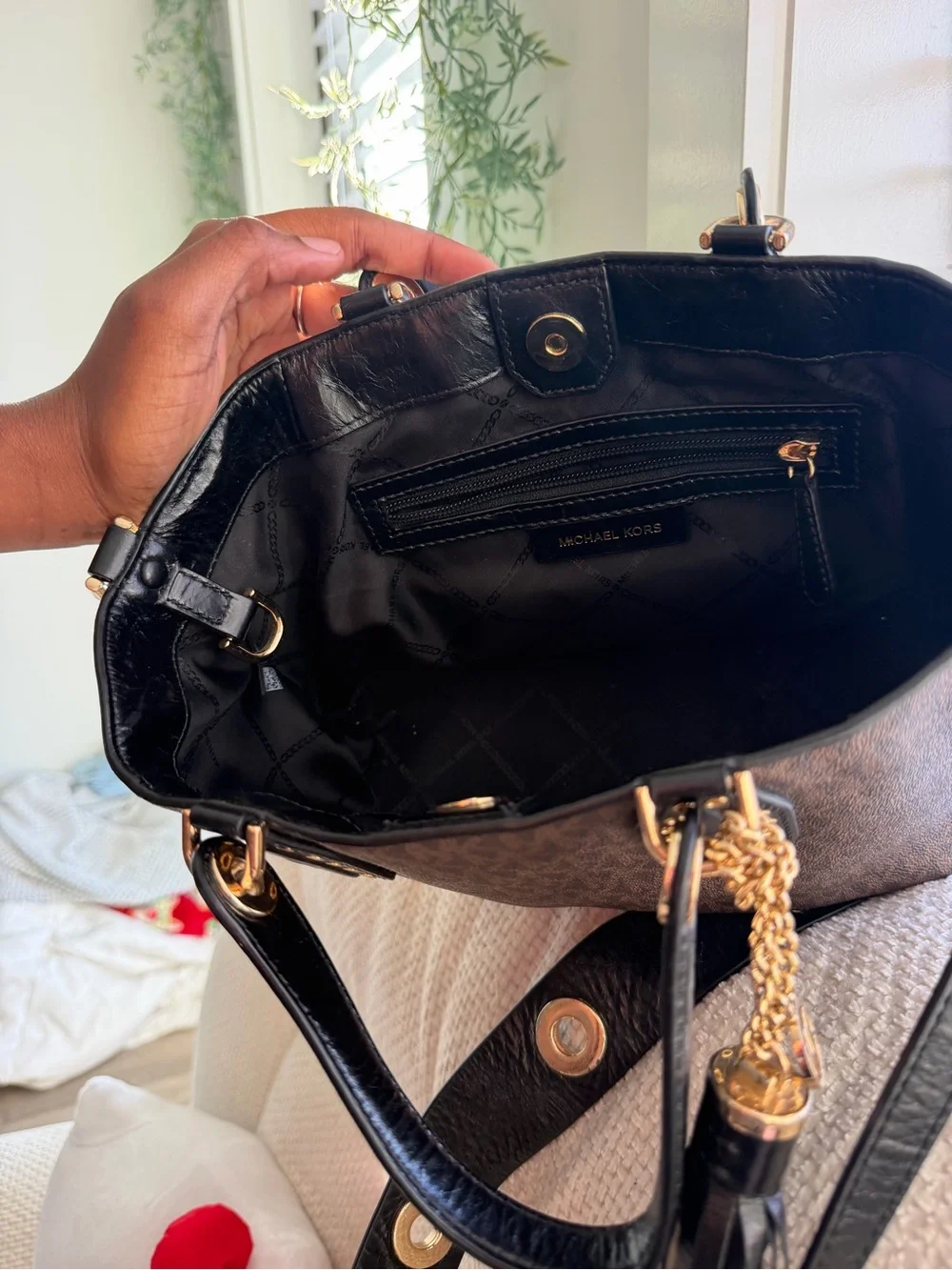 Michael Kors Brown Logo Satchel with Black Trim and Gold Hardware